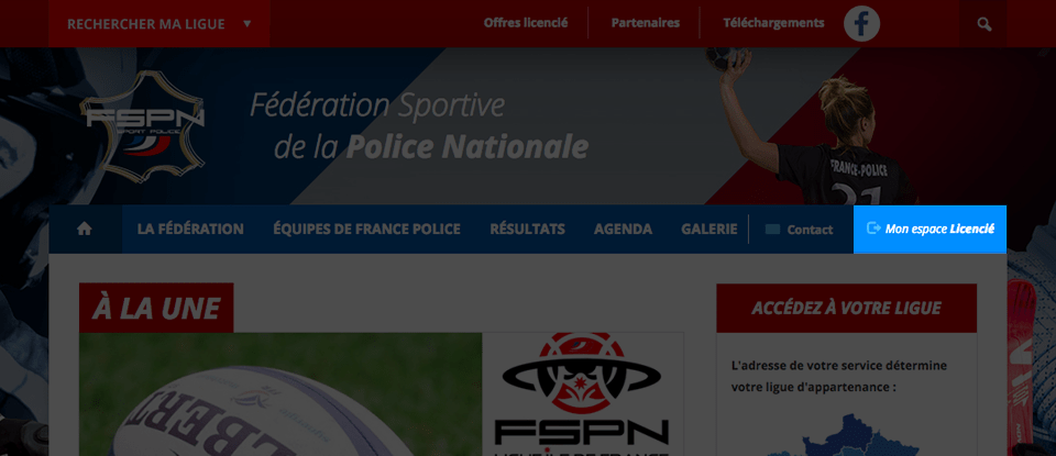 Visuel de la page d'accueil du site internet sur mesure pour la fédération sportive de la police nationale