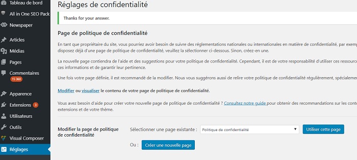 page politique de confidentialité wordpress